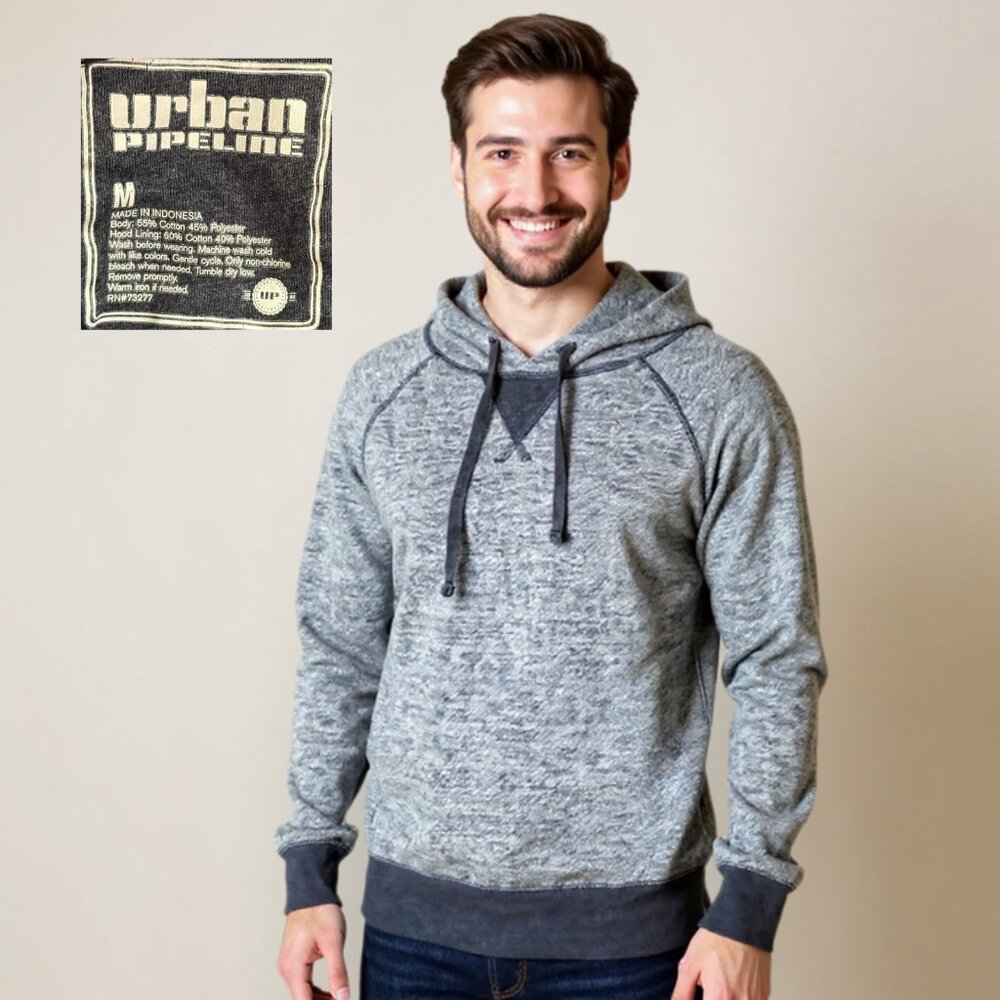 URBAN PIPELINE Men’s Hoodie Sweatshirt Heather Gray w/ Navy Blue Trim Pullover M